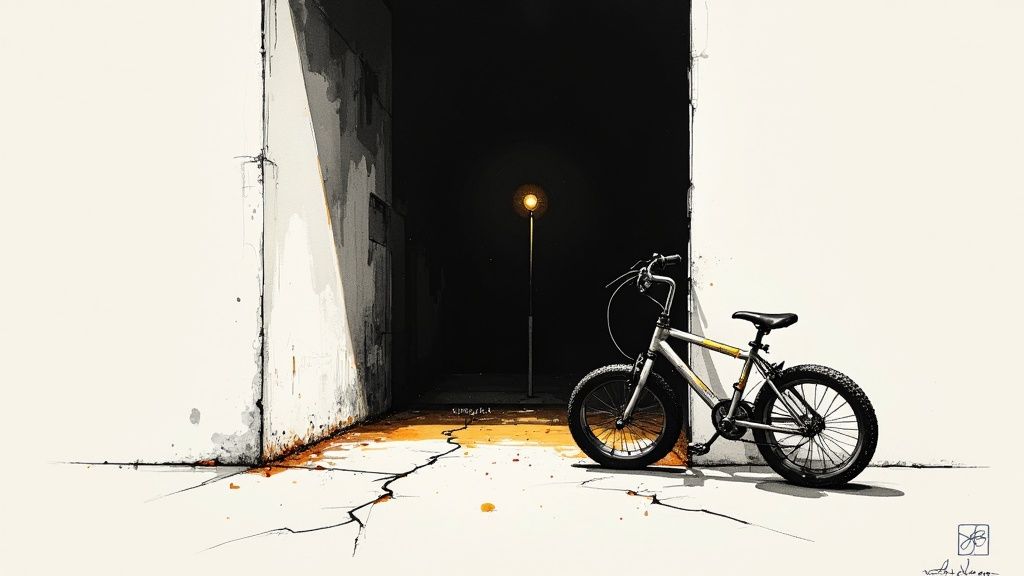 A solitary bicycle parked against a white wall, facing a dark alley illuminated by a single lamp.