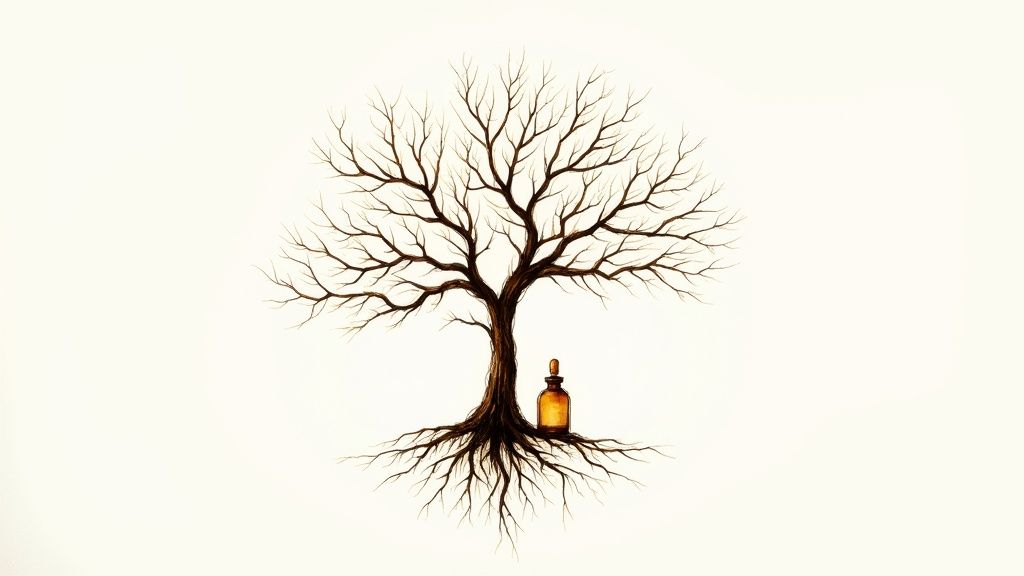 Illustration of a bare tree with exposed roots and a small amber bottle at its base.
