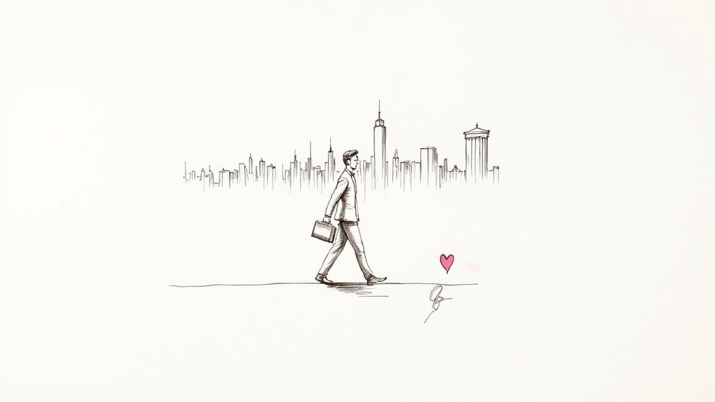 Minimalist sketch of a man in a suit walking towards a pink heart with a city backdrop.