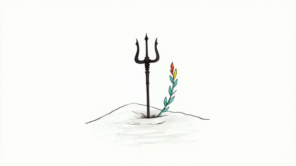 Minimalist illustration of trident and colorful plant growing from ground symbolizing choice