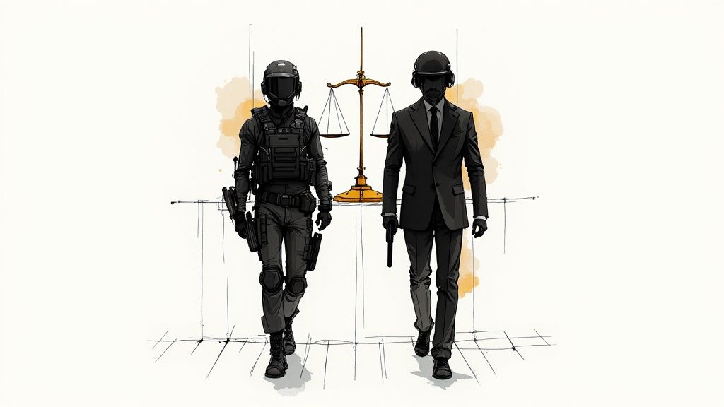 Two armed figures, one tactical and one in a suit, walk past a golden scale of justice.