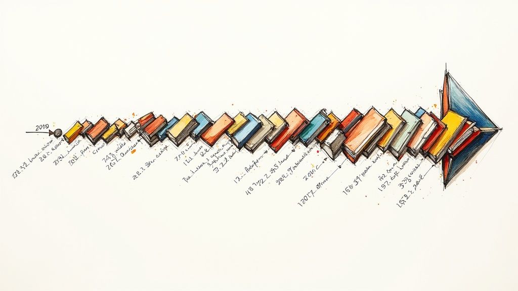 Colorful timeline illustration showing Ann Cleeves books arranged chronologically from 2012 to 2019 in artistic style