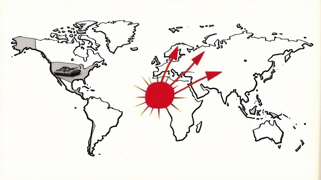 World map featuring a tank in the US and red arrows from a radiating sun symbol.