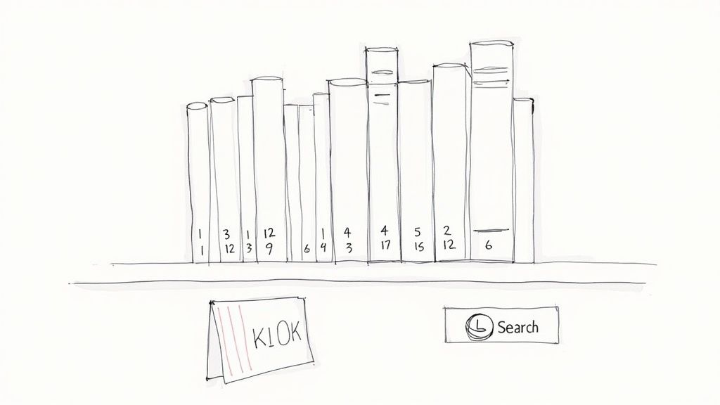 A hand-drawn illustration of a bookshelf filled with books displaying numbers, alongside a kiosk and search button.