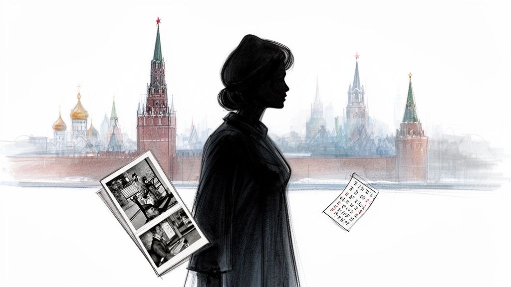 Silhouette of a woman reflecting on memories with vintage photos and notes against the Moscow Kremlin skyline.