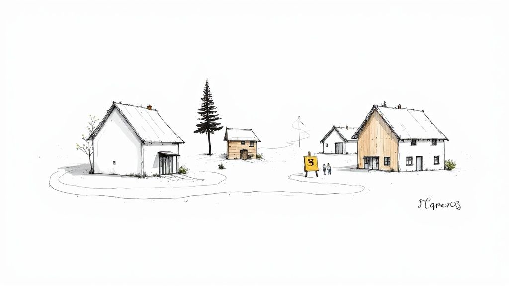 Watercolor illustration of rural village houses and tall pine tree in minimalist sketch style