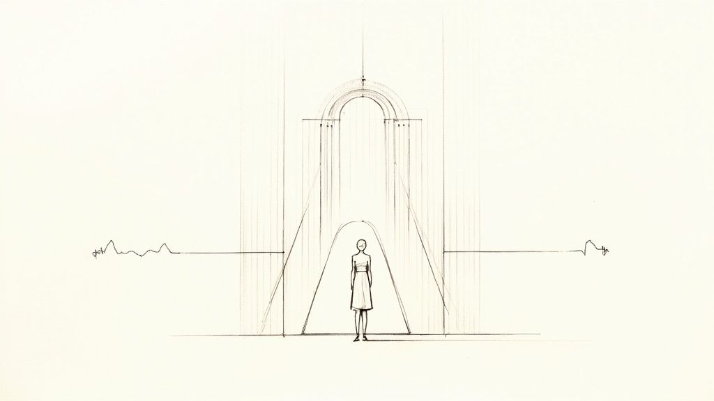 Minimalist architectural sketch of an archway with a standing figure and abstract lines.