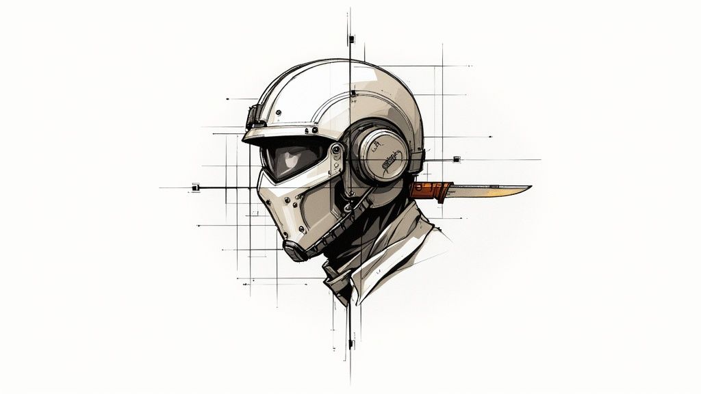 A detailed sketch of a futuristic tactical helmet with a visor, communication device, and a knife.