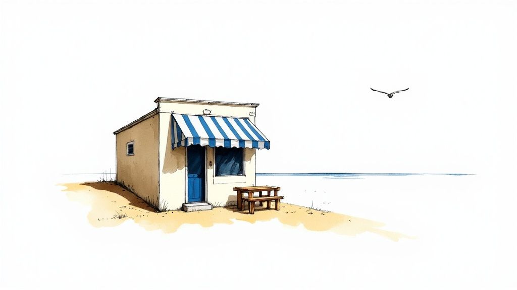 Minimalist watercolor of a beach shack with blue striped awning and picnic table, a bird flies over the sea.