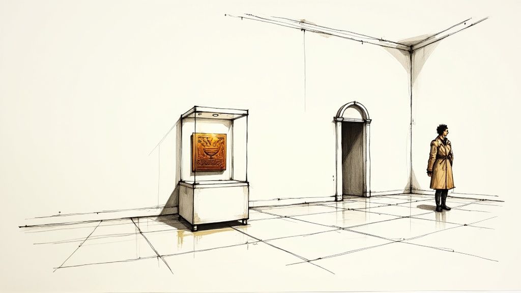 Person viewing ancient golden artifact displayed in glass case at museum gallery