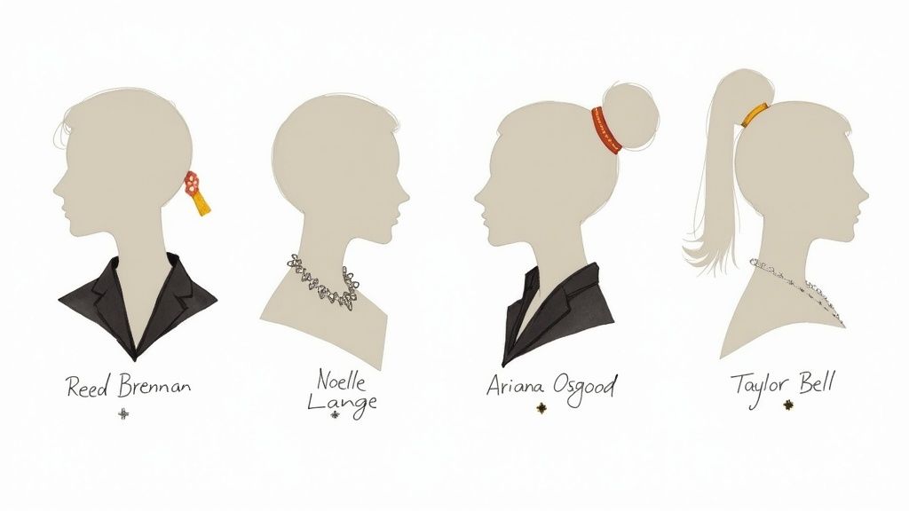 A stylized portrait of four young women with determined and secretive expressions, hinting at the drama of the Billings Girls, set against a #F8F3ED background.