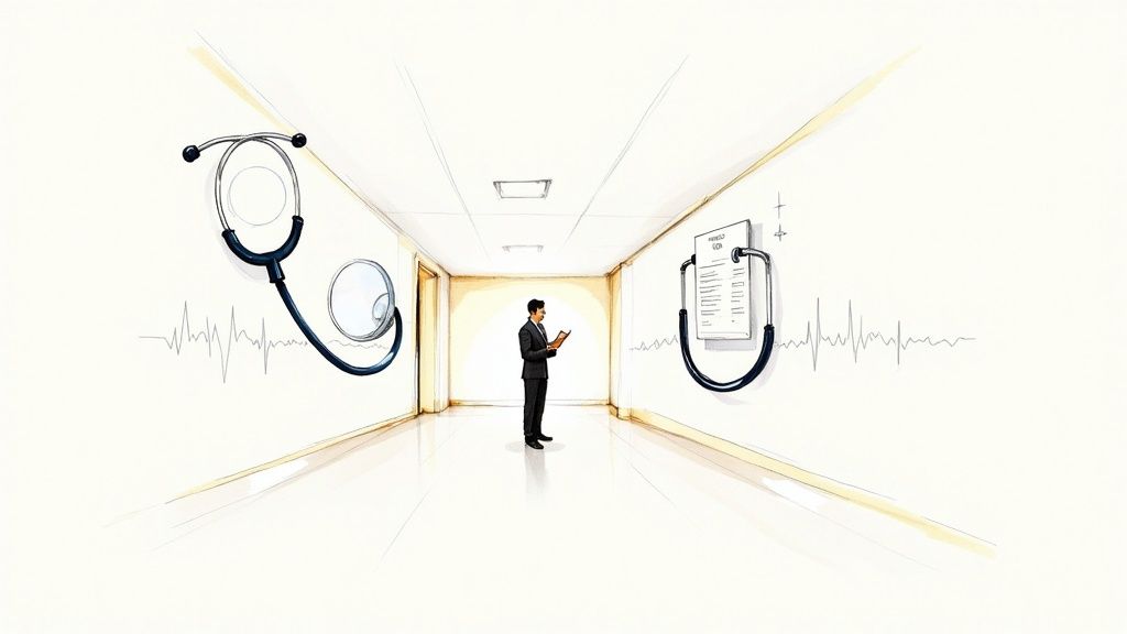 A businessman stands in a stylized hallway, examining a document while surrounded by medical imagery.