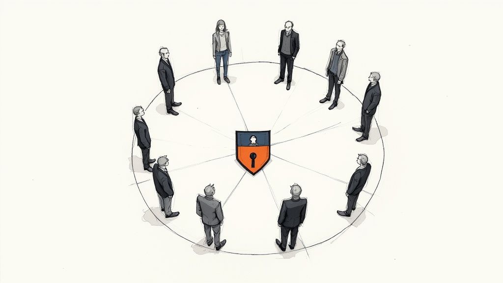 People in a circle around a central shield emblem with a keyhole, symbolizing privacy or security.