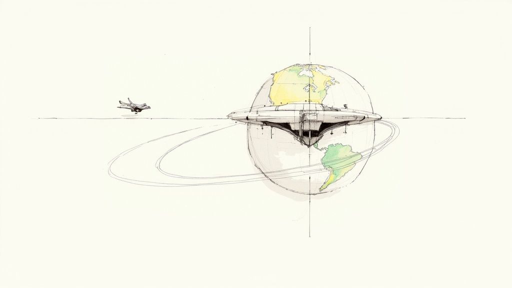 Futuristic architectural drawing of a globe-like space station with rings and a spaceship.
