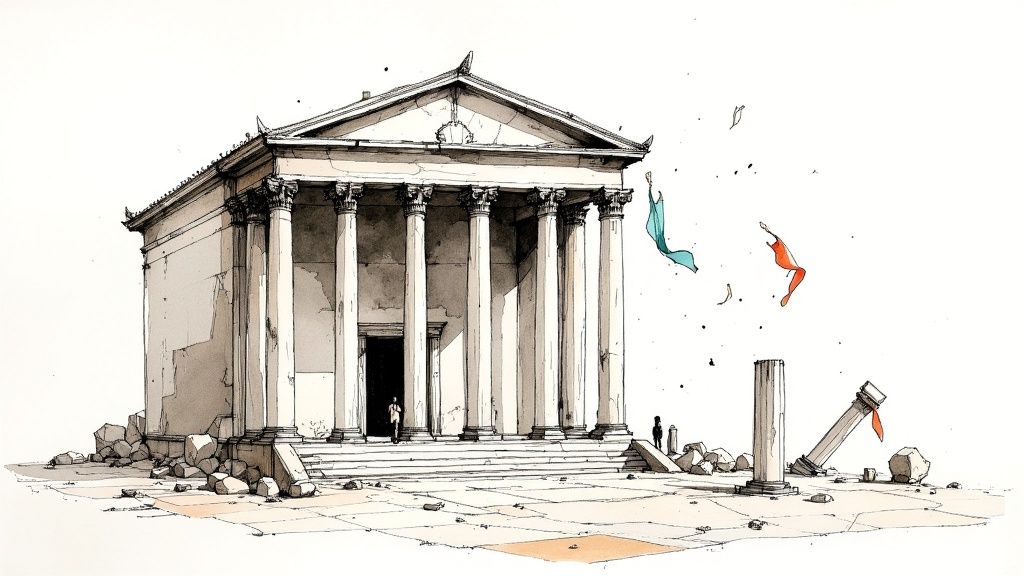 A detailed ink and watercolor sketch of an ancient temple, partially in ruins, with abstract fabrics flying.