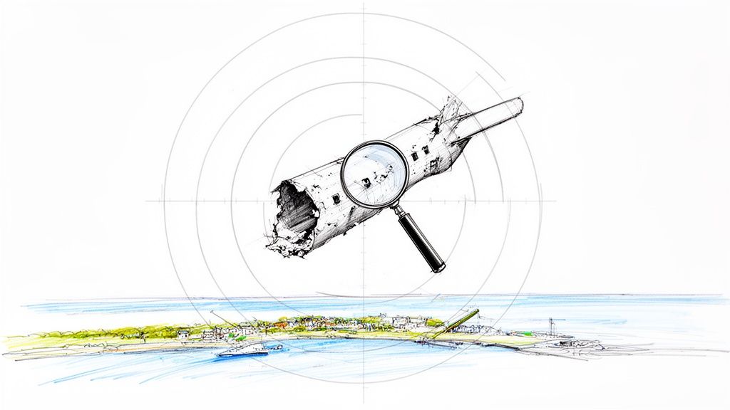 Illustration of a damaged airplane fuselage under a magnifying glass above a coastal landscape.