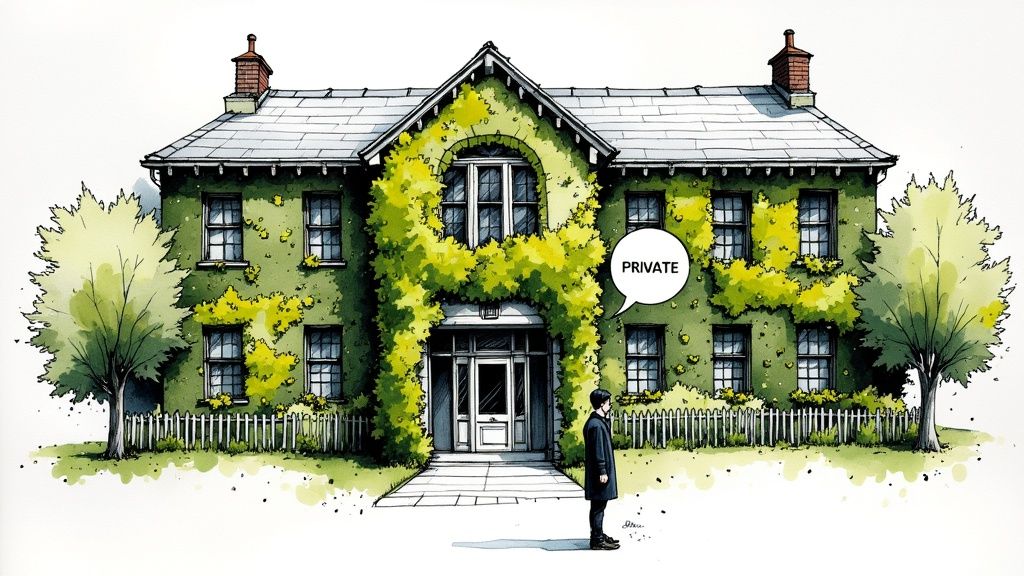 Illustration of a student before an ivy-covered boarding school with a 'PRIVATE' text message bubble.