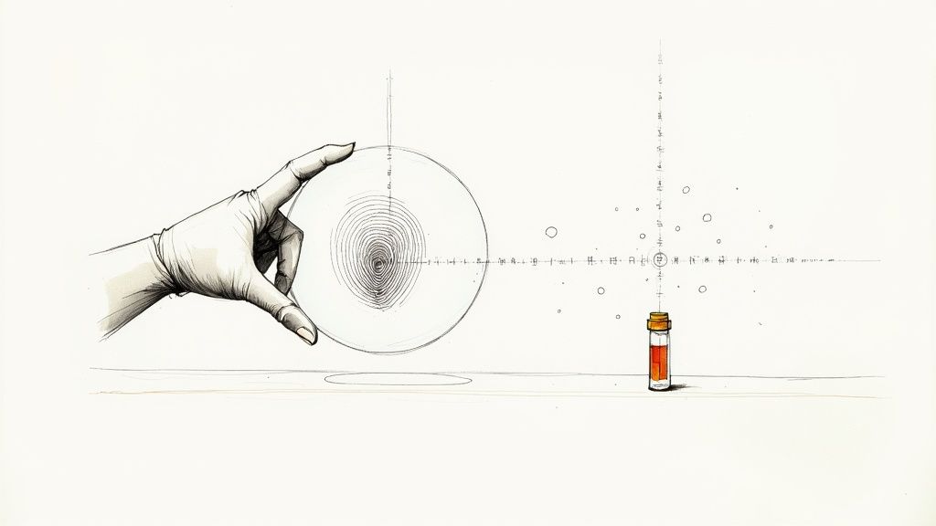 A gloved hand holds a petri dish with a bullseye pattern, aligned with a scientific grid and a vial of red liquid.