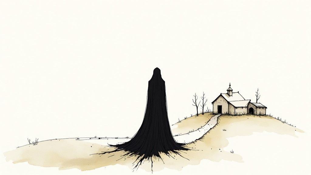 A tall, black hooded figure stands on a path leading to a small church on a hill.