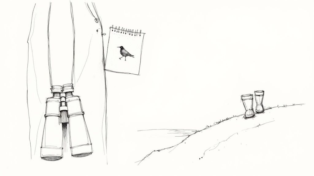 Sketch illustration of binoculars and a bird watching notebook representing nature observation and detective themes.