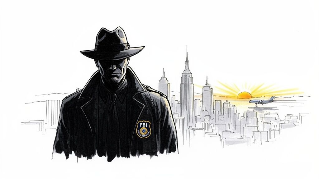 FBI agent in a trench coat and fedora, with a city skyline and plane taking off at sunset.