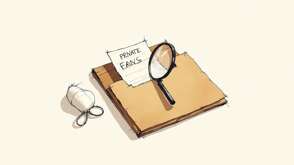 A magnifying glass rests on a document titled 'PRIVATE FANS' next to a small tied scroll.