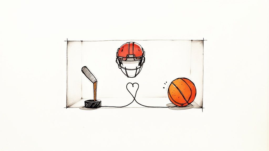 A minimalist sketch of a microphone, football helmet, and basketball connected by a heart-shaped cable.