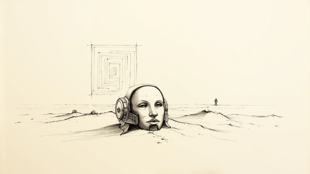 Sci-fi pen drawing of a head with headphones in a desert landscape, a maze, and a distant figure.