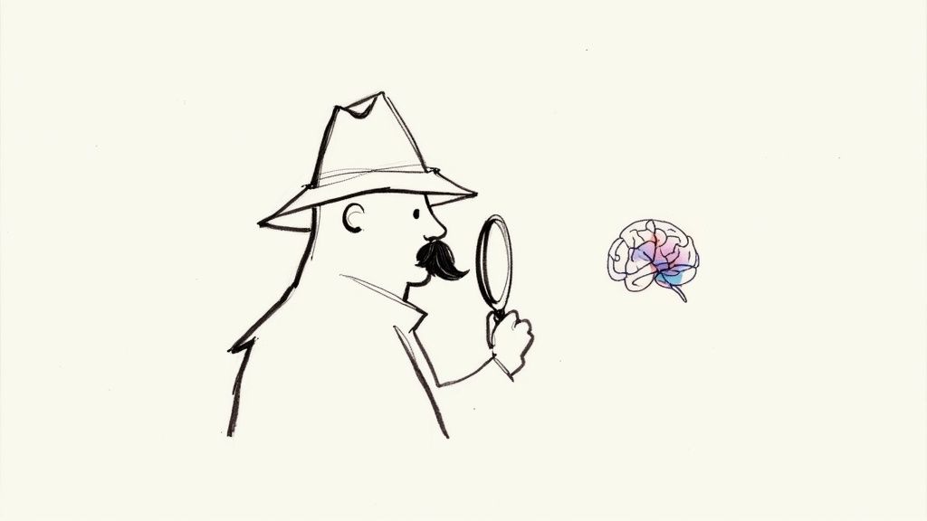 A stylized illustration of a dapper detective with a prominent mustache, holding a magnifying glass against a #F8F3ED background.