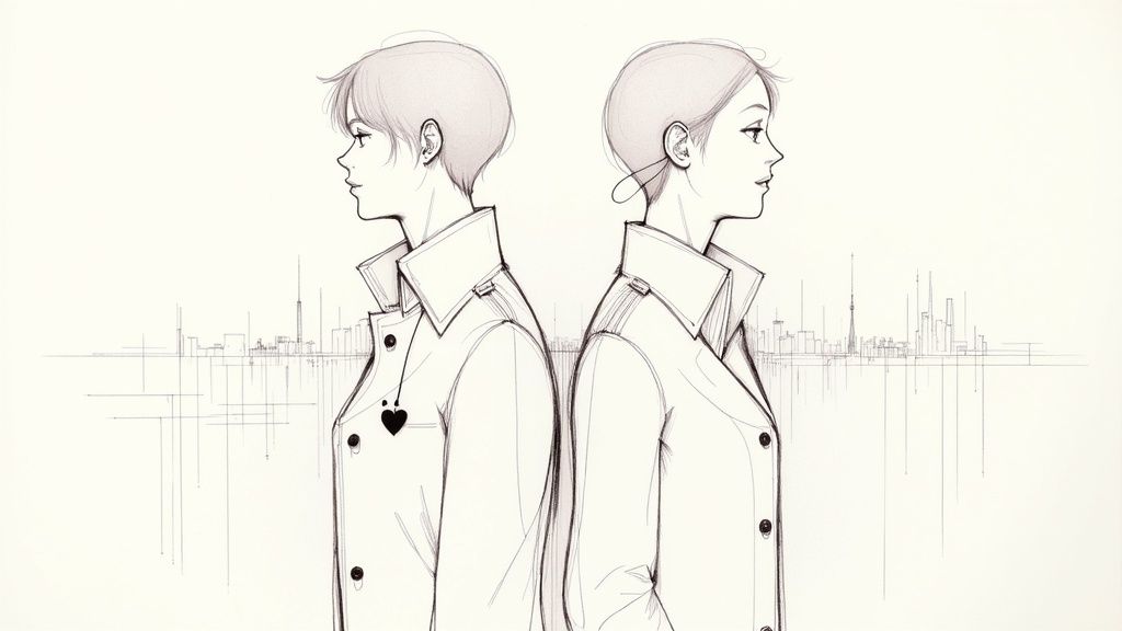 A minimalist sketch of two women in trench coats, backs turned, against a city skyline.