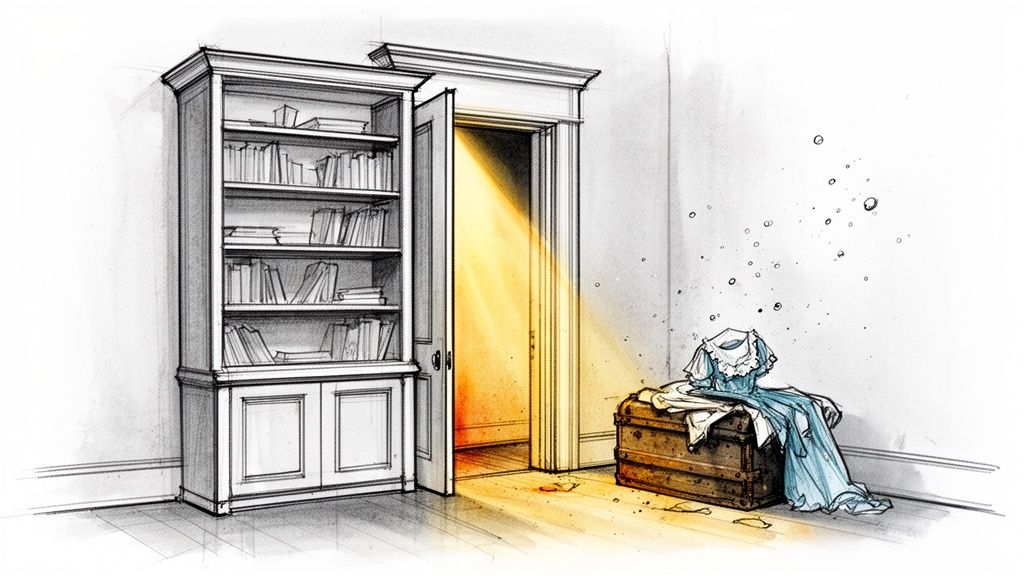 An enchanting illustration featuring a bookshelf, an open door with golden light, a trunk, and a blue dress with floating bubbles.