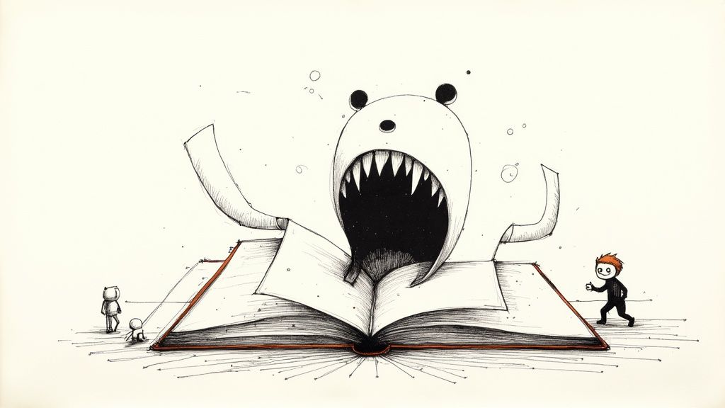 A cartoon monster with sharp teeth bursts from an open book, observed by tiny characters.