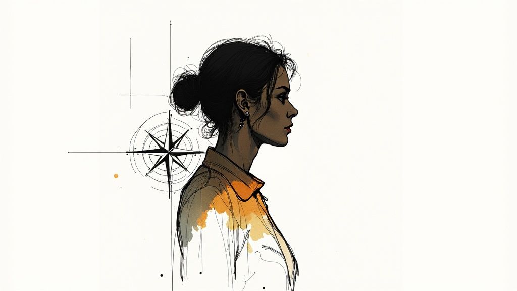 Stylized sketch of a woman's profile with a bun and orange shirt, a compass rose in the background.