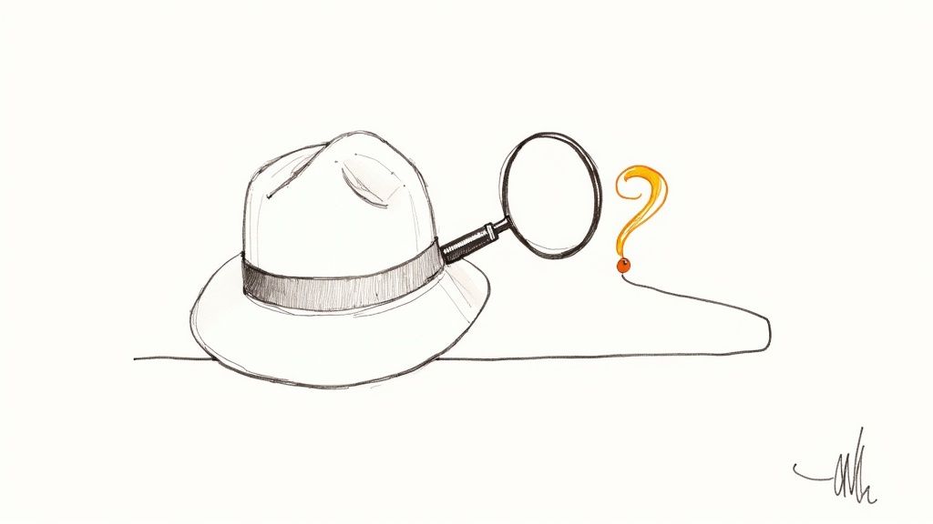 A minimalist sketch depicting a detective's fedora hat, a magnifying glass, and a yellow question mark.