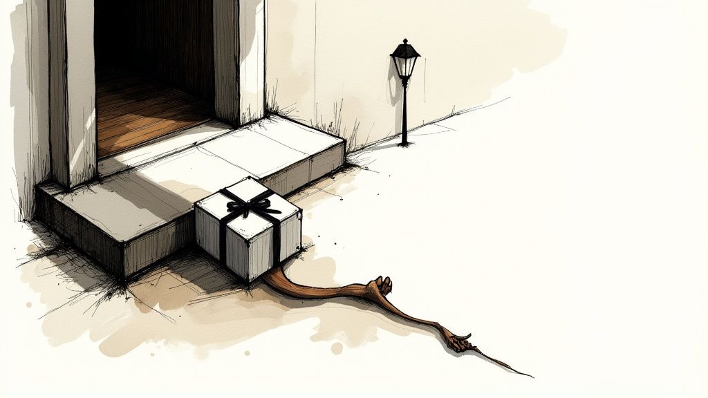 A whimsical illustration of a gift box on a doorstep with a root-like arm emerging, beside a lamppost.
