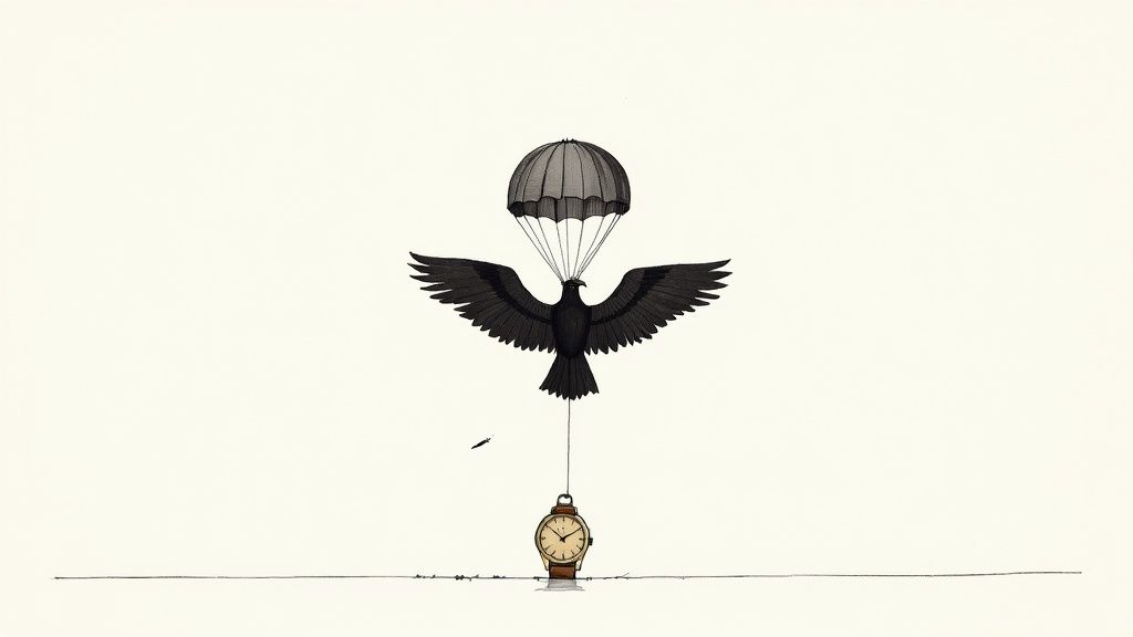 A surreal illustration of a black bird with a parachute holding a watch above a line.