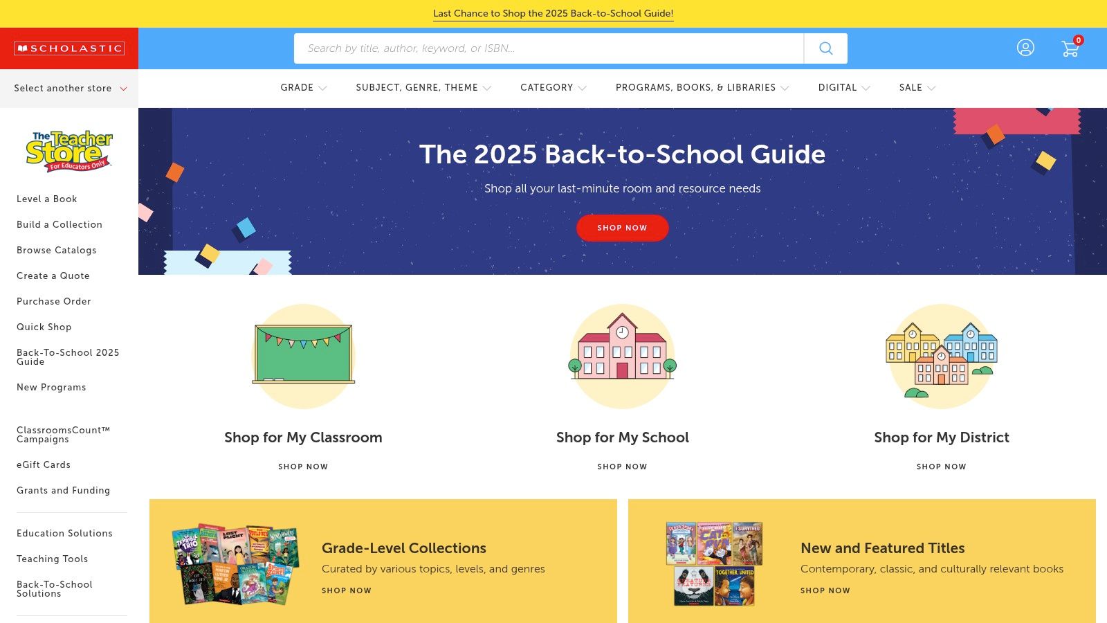 Scholastic Store website showcasing book categories