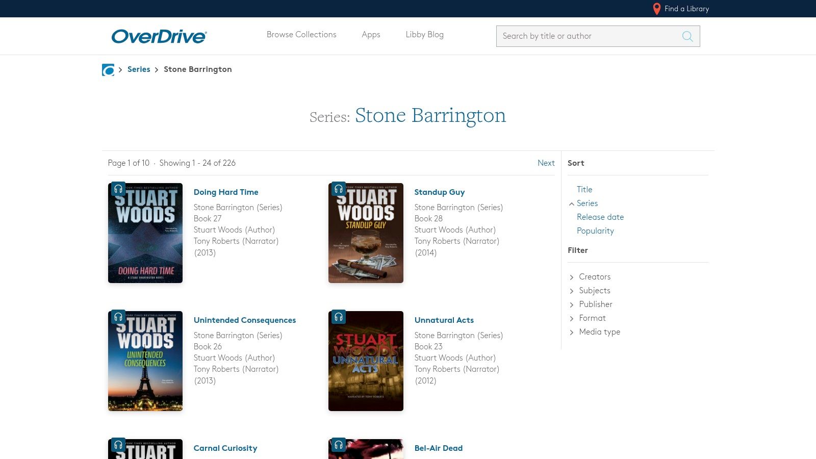 A screenshot of the OverDrive website showing the Stone Barrington series page, with book covers, titles, and options to borrow or place a hold.