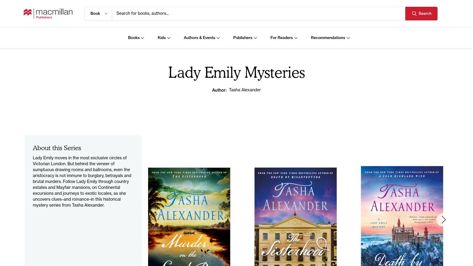 The Macmillan Publishers website provides an official list of Tasha Alexander's mystery books.