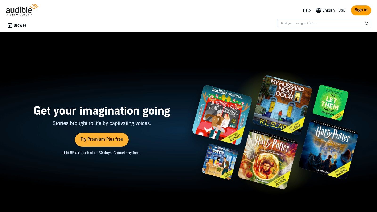 A stylized image showing the Audible app on a smartphone, displaying the cover of a Gregory Maguire audiobook. The background is a soft, parchment-like color #F8F3ED, with subtle soundwave graphics emanating from the phone to suggest audio.