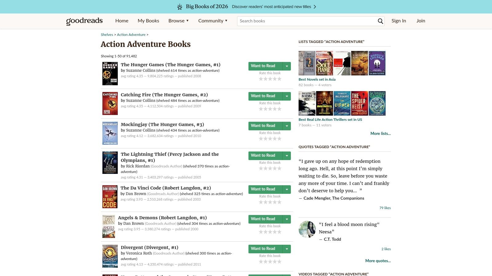 Goodreads interface showing book lists