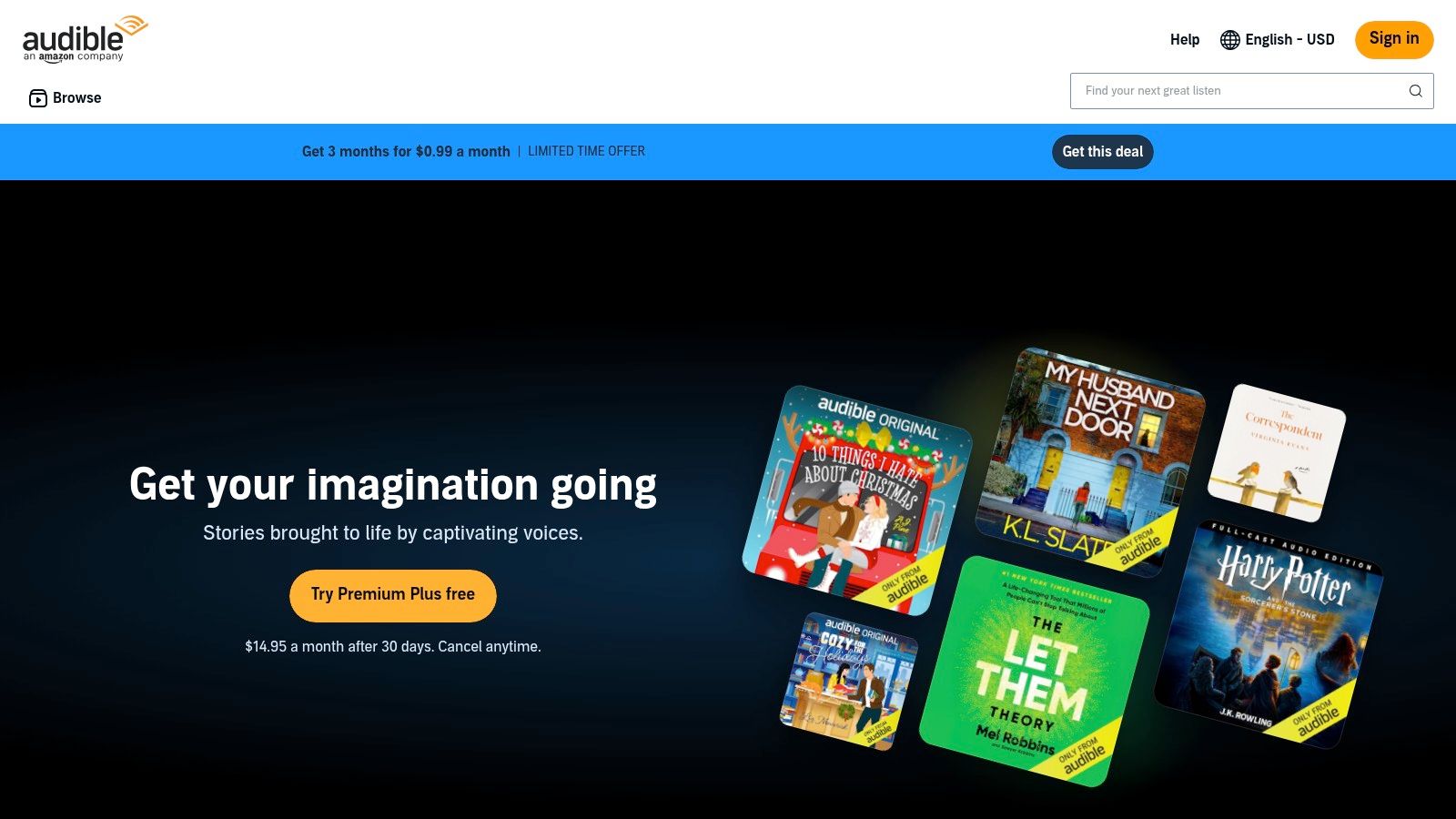 Audible interface showing audiobook listings