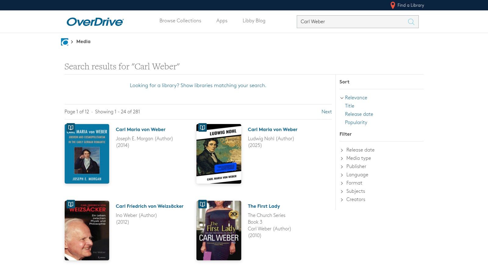 An image of the OverDrive/Libby app interface showing a search for Carl Weber books, with options to borrow or place a hold on eBooks and audiobooks.