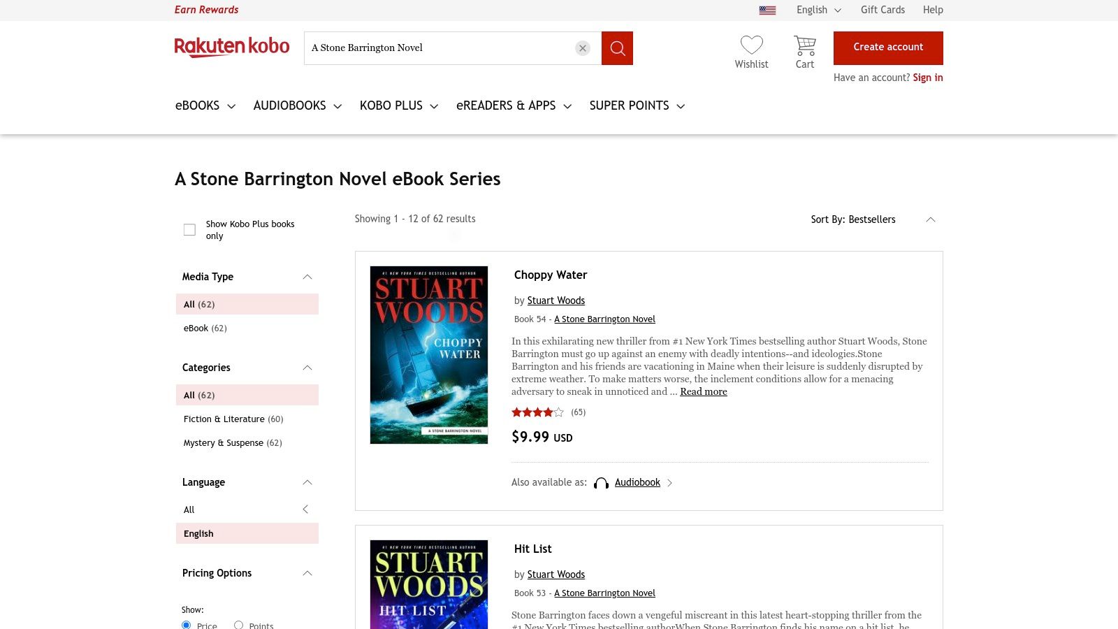 A screenshot of the Rakuten Kobo website showing the 'A Stone Barrington Novel' series page, with a grid of ebook covers, titles, and author names clearly listed.