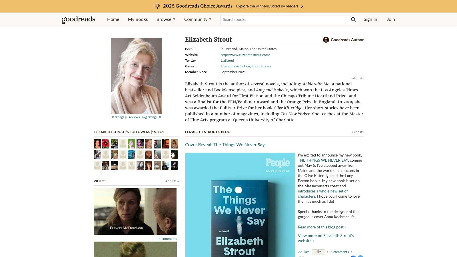 An image of Elizabeth Strout's author page on Goodreads, showing a comprehensive list of her books, ratings, and series information.