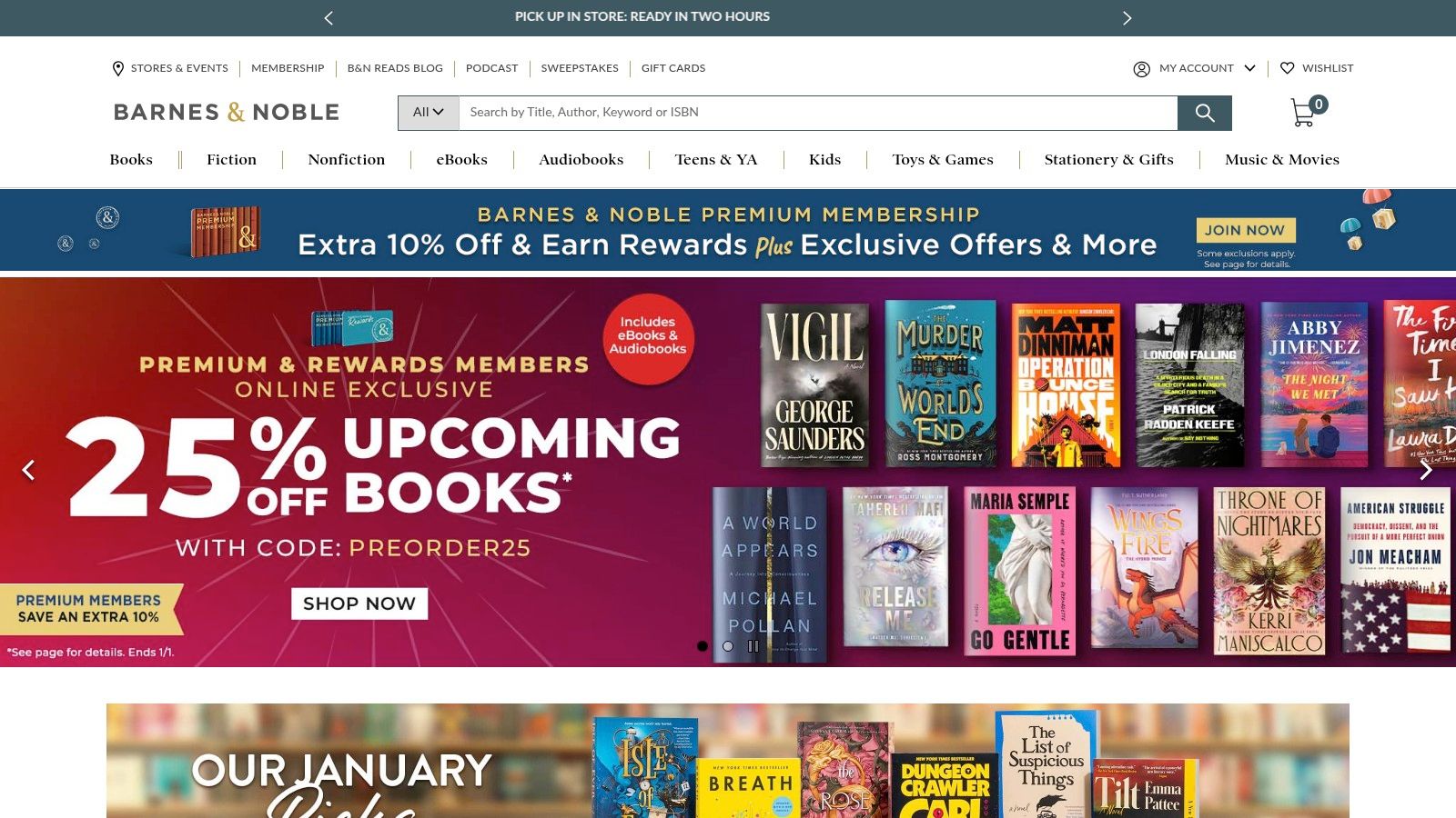 The Barnes & Noble website homepage, featuring a search bar and highlighting various book categories, showcasing its role as a major book retailer.