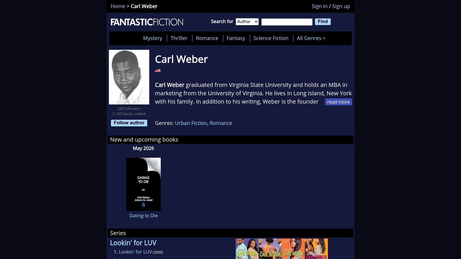 An image of the Fantastic Fiction website displaying a clean, ordered list of Carl Weber's books and series, highlighting its easy-to-use bibliographic format.