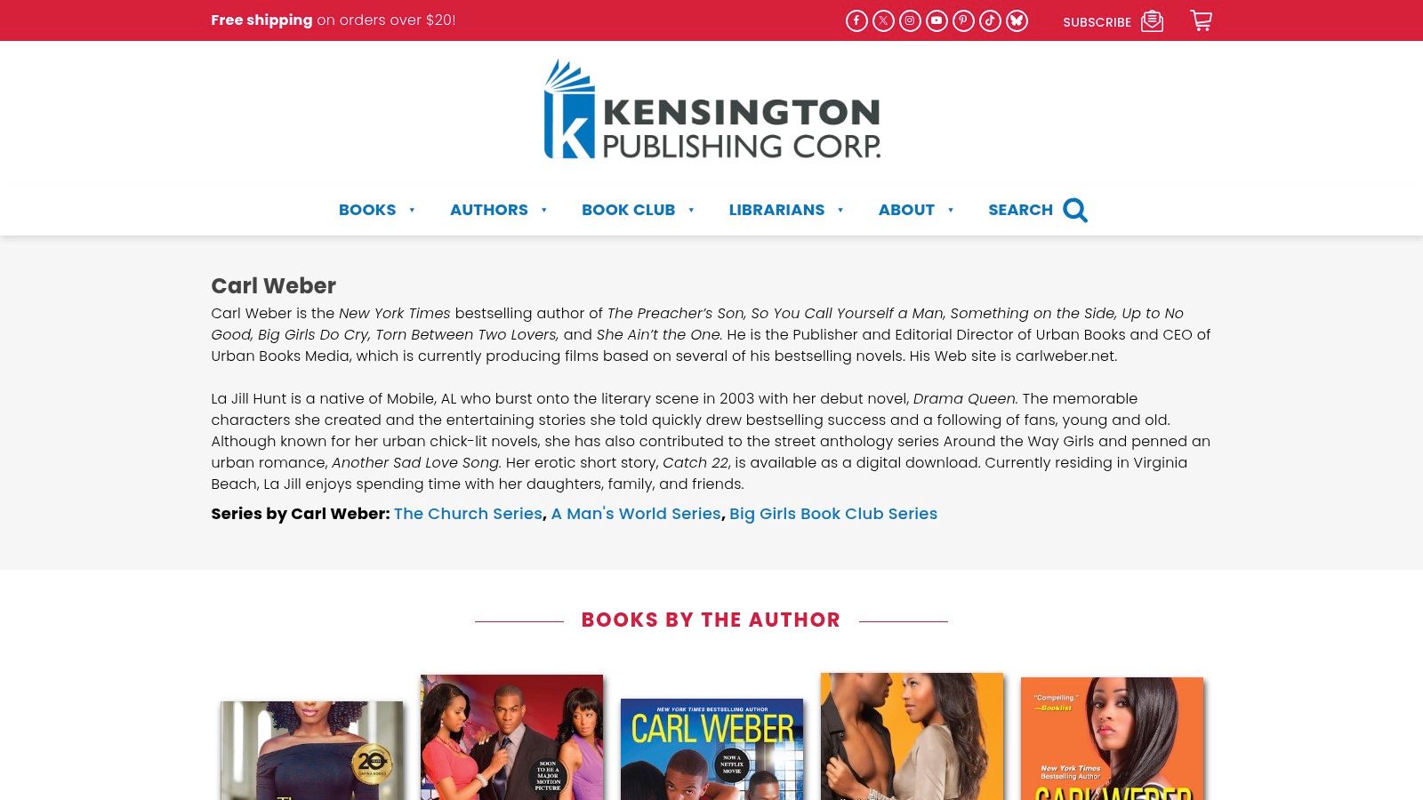 An image of the Kensington Books website showing the author page for Carl Weber, with a list of his novels and their covers.