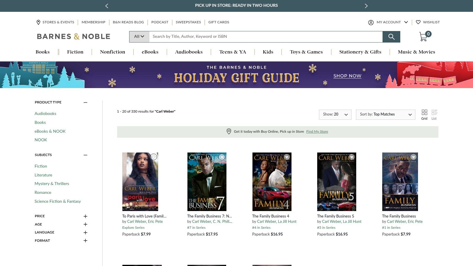 The Barnes & Noble website showing a search for Carl Weber books, highlighting both paperback and NOOK eBook options available for purchase.