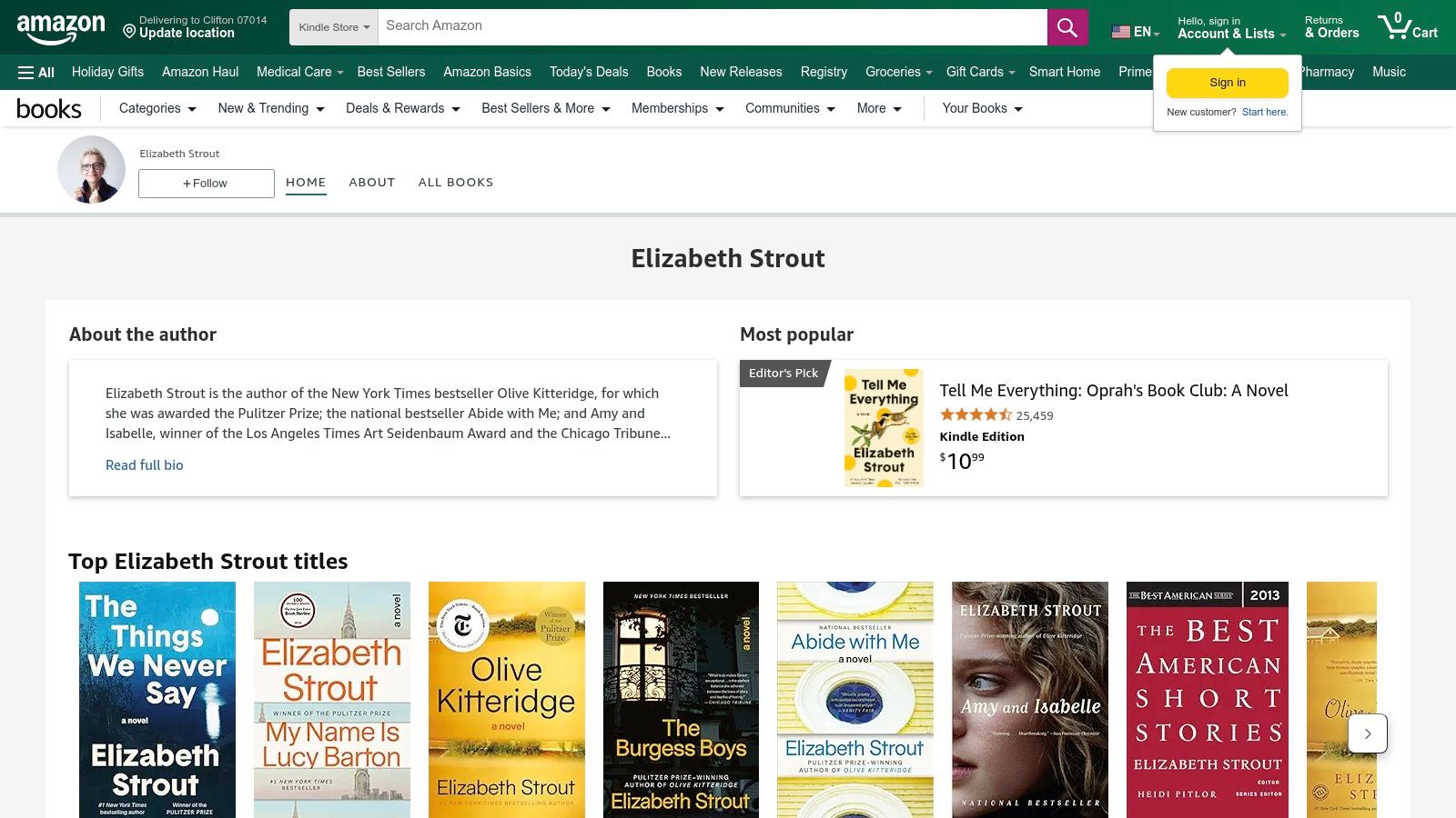 An image of Elizabeth Strout's author page on Amazon, showing a collection of her books available for purchase.